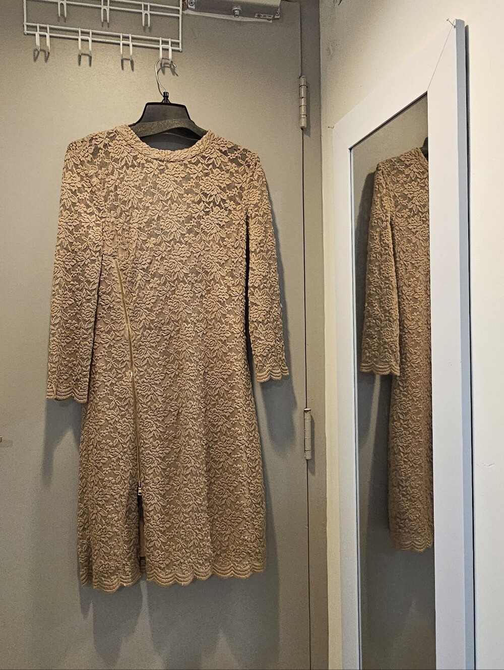 ABS Allen Schwartz Tan Lace Long-Sleeve A-Line Dress